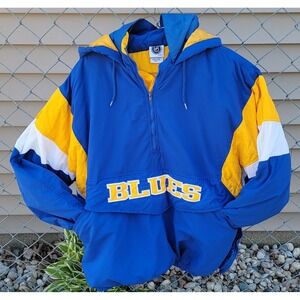 VTG ST. LOUIS BLUES 1/2 ZIP WITH FOLDABLE HOOD  PULLOVER WINTER JACKET SIZE L